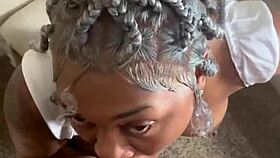 Ebony woman gives sloppy super head with gagging and ball licking on monster cock