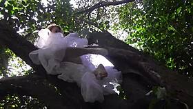 The wife masturbates her shaved pussy on a tree