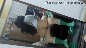 Latina schoolgirl fucks her classmate without condom in front of the mirror after PE.