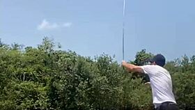 fishing in short shorts in the usa with exhibitionist flashing.