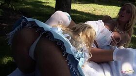 Outdoor lesbian sex entails skirts up and dildo fucking of their wet and pink cunts