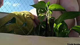 Watering Plants Naked On Balcony, Big Natural Tits Exposed For Viewers!
