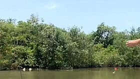 fishing in short shorts in the usa with exhibitionist flashing.