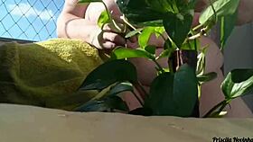 Watering Plants Naked On Balcony, Big Natural Tits Exposed For Viewers!