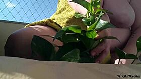Watering Plants Naked On Balcony, Big Natural Tits Exposed For Viewers!