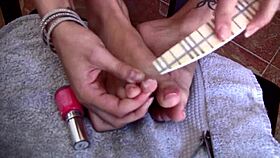 my step-sister in a short dress painting her nails