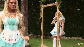 Outdoor lesbian sex entails skirts up and dildo fucking of their wet and pink cunts