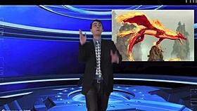 Naked weather girl undresses publicly, teasing with ripped clothes.