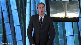 Naked weather girl undresses publicly, teasing with ripped clothes.