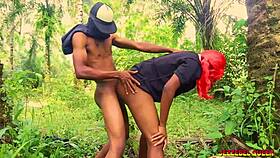 Naughty college babe fucks roommate doggy style in bush.