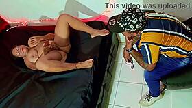 Old prostitute seduces client in bar room, shaking big tits and masturbating wet pussy.