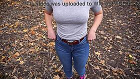 Milf Teases Her Big Cameltoe in Blue Jeans Outdoors
