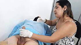 I'm the doctor massaging my patient's dick to make it bigger, and now I'm excited and want him to put it all in