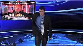 Naked weather girl undresses publicly, teasing with ripped clothes.