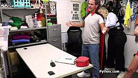 Chubby security guard craving threesome with sexy thieves