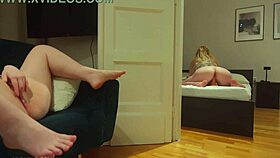 My lesbian stepsister rides dildo in next room, turning me on as voyeur