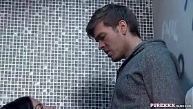 Hot brunette milf sucking cock in the toilet