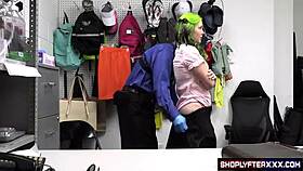 Naughty shoplifting girl in uniform gets her pussy smashed by the security guard