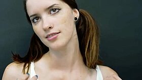 Petite brunette coed starshine contrasts her masturbation with deepthroat skills