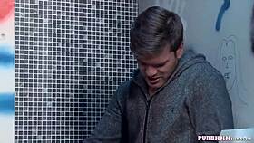 Hot brunette milf sucking cock in the toilet