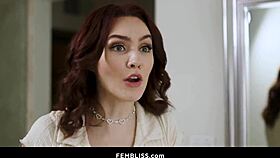 Suggestive hot lesbian threesome with redhead, blonde, and athletic milf exploring each other.