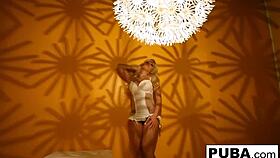 Sexy blonde in retro tease and solo masturbation with tits ass pussy