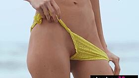 Skinny Italian MILF Blondie Fancie Torino undresses and plays with balloons naked on the beach