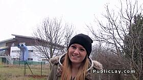 Brunette euro babe bangs outdoor pov