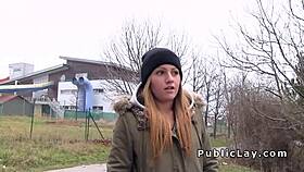 Brunette euro babe bangs outdoor pov