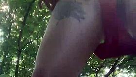 woman pees through bikini pants outdoors in public