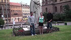 Public sex threesome in city center with cute teen