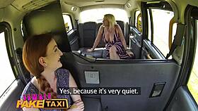 Blonde MILF in fake taxi cums on sexy redhead's tongue