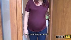 The debt4k guy and pregnant milf debtor settle with blowjob on desk
