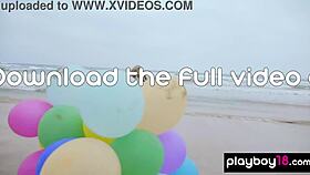 Skinny Italian MILF Blondie Fancie Torino undresses and plays with balloons naked on the beach