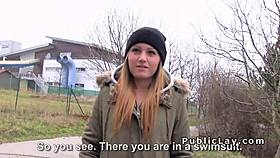 Brunette euro babe bangs outdoor pov