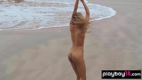 Skinny Italian MILF Blondie Fancie Torino undresses and plays with balloons naked on the beach