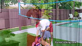 Is this blonde shaking her firm ass on the trainer's cock in spandex?