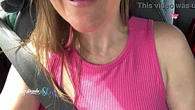 Very naughty couple having sex on the street outside the car with big tits and cum