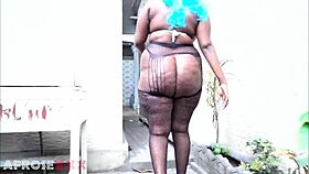 Bbw slut tastes new big black cock outdoor with ebony tits.