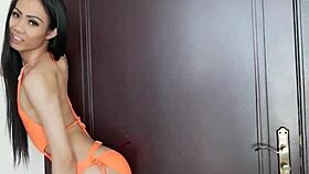 horny shemale teases with dildo before creampie from big cock?