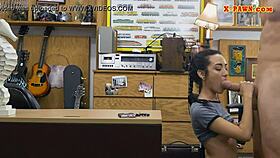 Very slim teen drilled by pawnshop owner in pov blowjob