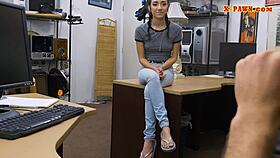 Very slim teen drilled by pawnshop owner in pov blowjob