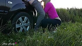 Horny taxi driver fucks blonde by car