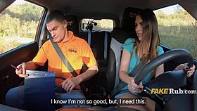 Italian girl convinces DMV examiner in the car