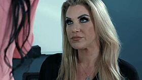 Big tits MILF borrows bestie's teen secretary for intense lesbian sex!