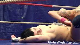 after wrestling, this glam dyke licks her opponent's pussy so good