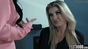 Big tits MILF borrows bestie's teen secretary for intense lesbian sex!