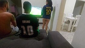 Young wife bets on sex with husband's friend, ends in double penetration doggystyle.