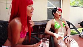 ebony and redhead sucking dicks at pool party