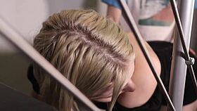 blonde college babe getting plowed hard in doggy, what a quickie